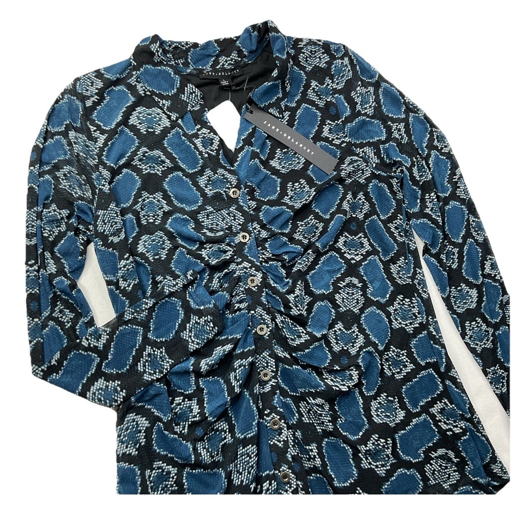 Jane & Delancey Top Womens Sz L Y2K Sheer Mesh Snakeskin Print Ruched Button NWT